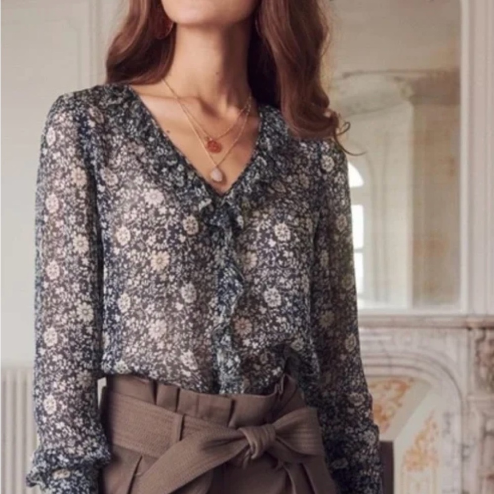 Sezane Floral Ruffle V-Neck Blouse - Black